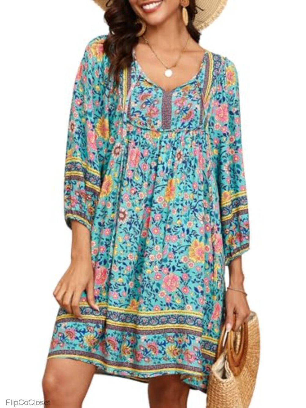 Women's Casual 3/4 Sleeve Boho Floral Summer Dress V Neck Tie Front A-Line